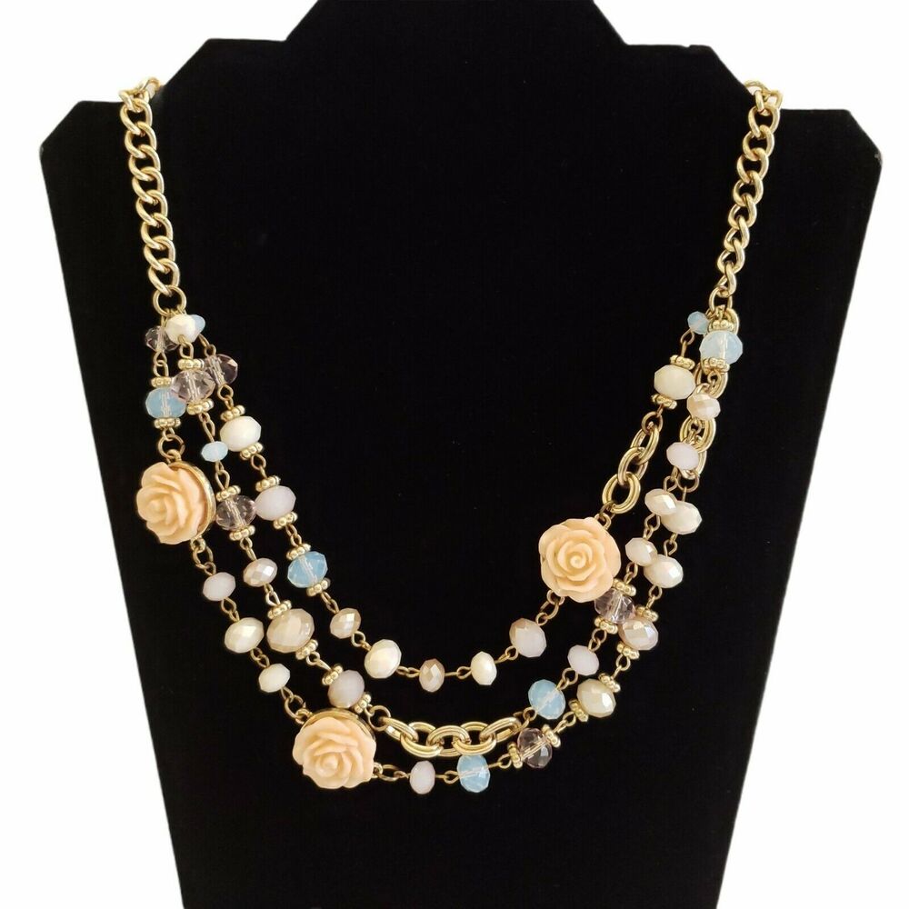 NEW YORK & COMPANY 3 tier strand beaded chain link floral statement necklace NEW